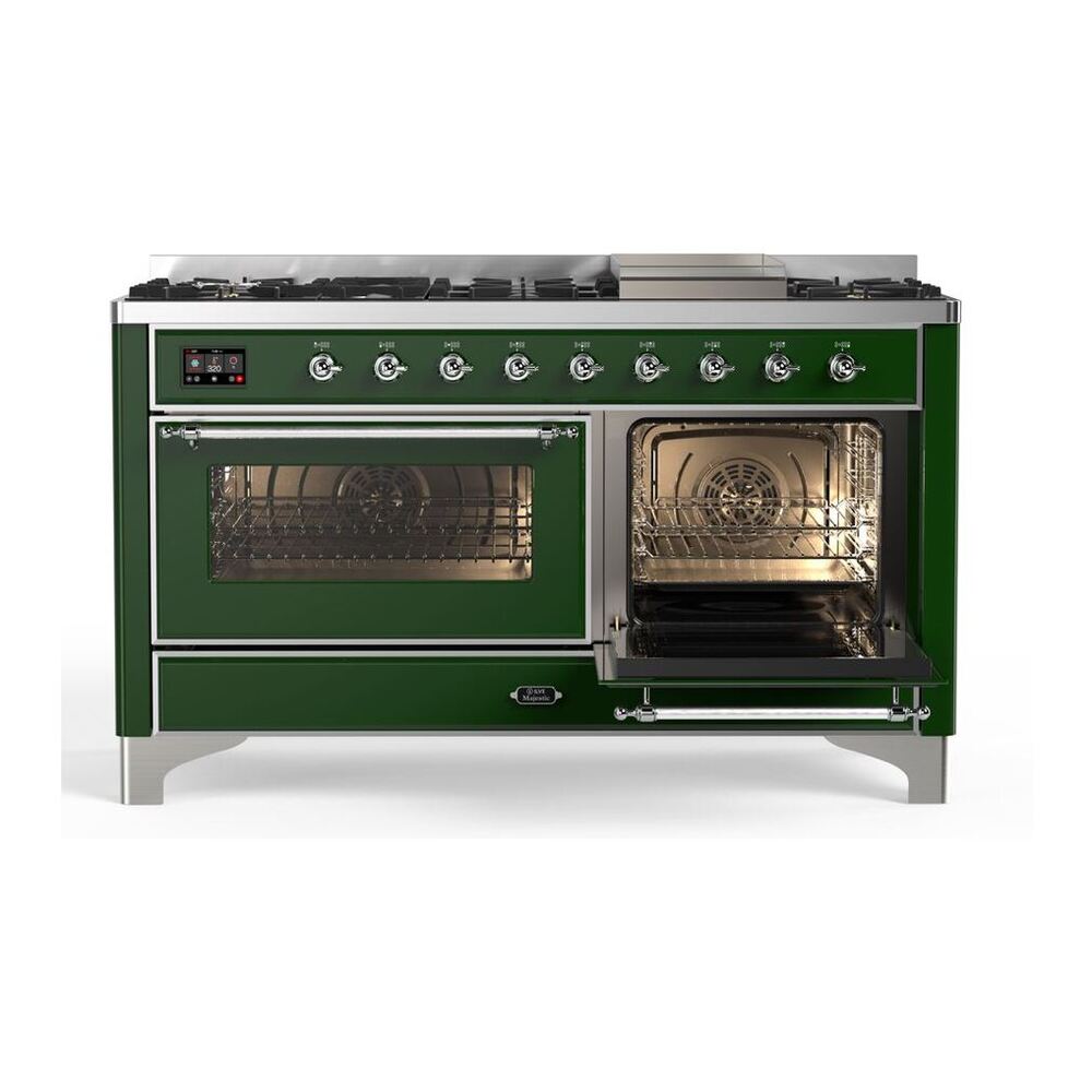 ILVE Majestic II 60 inch Triple Glass Door Natural Gas Dual Fuel Range Chrome Emerald Green