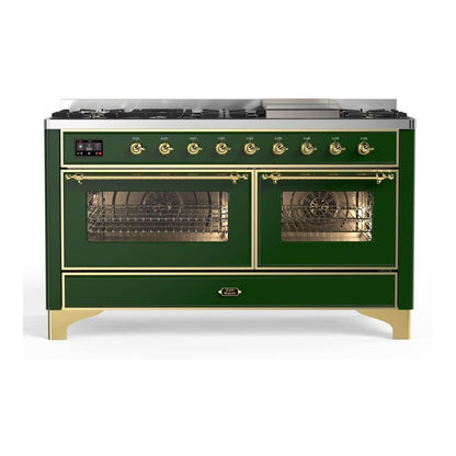 ILVE Majestic II 60 inch Triple Glass Door Natural Gas Dual Fuel Range Brass Emerald Green