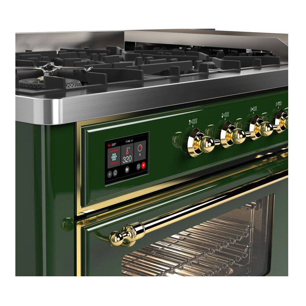 ILVE Majestic II 60 inch Triple Glass Door Natural Gas Dual Fuel Range Brass Emerald Green