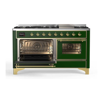ILVE Majestic II 60 inch Triple Glass Door Natural Gas Dual Fuel Range Brass Emerald Green