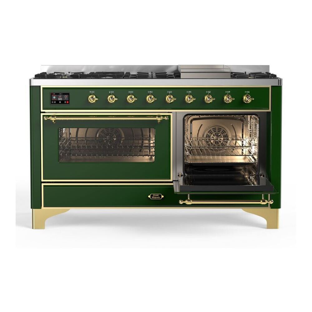 ILVE Majestic II 60 inch Triple Glass Door Natural Gas Dual Fuel Range Brass Emerald Green