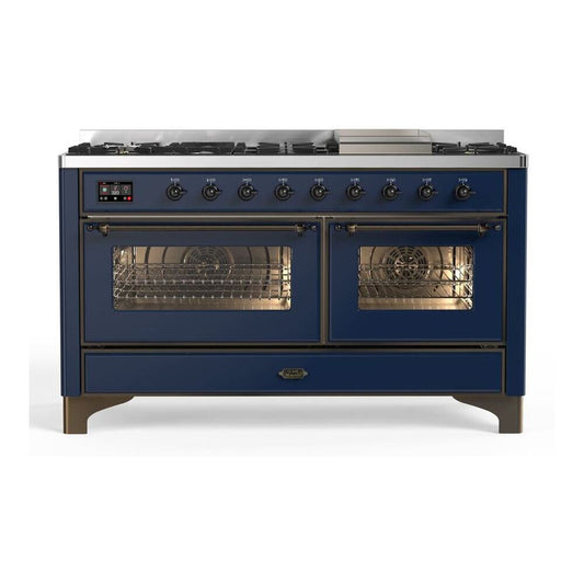 ILVE Majestic II 60" Midnight Blue Dual Fuel Range with 9 Burners and Griddle Triple Glass Door Liquid Propane