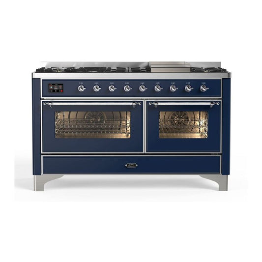 ILVE Majestic II 60" Midnight Blue Dual Fuel Range with 9 Burners and Griddle Triple Glass Door Natural Gas