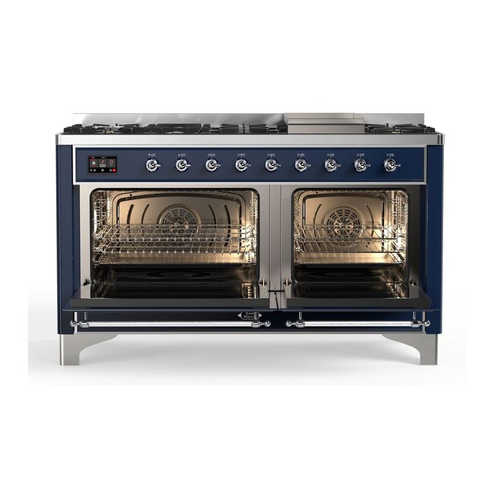 ILVE Majestic II 60 inch Triple Glass Door Natural Gas Dual Fuel Range Chrome Midnight Blue