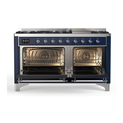 ILVE Majestic II 60 inch Triple Glass Door Natural Gas Dual Fuel Range Chrome Midnight Blue