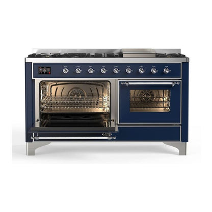 ILVE Majestic II 60 inch Triple Glass Door Natural Gas Dual Fuel Range Chrome Midnight Blue