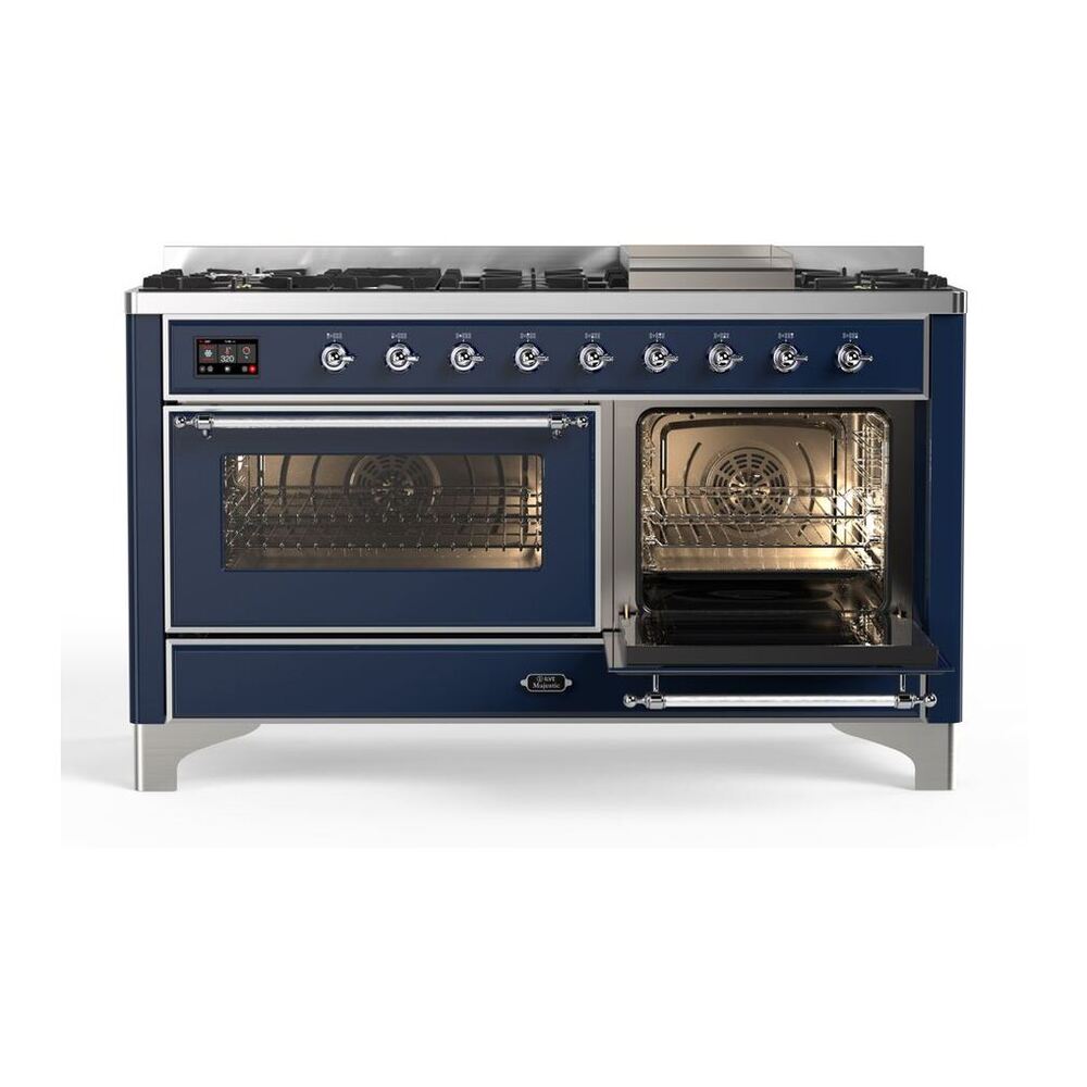 ILVE Majestic II 60 inch Triple Glass Door Natural Gas Dual Fuel Range Chrome Midnight Blue