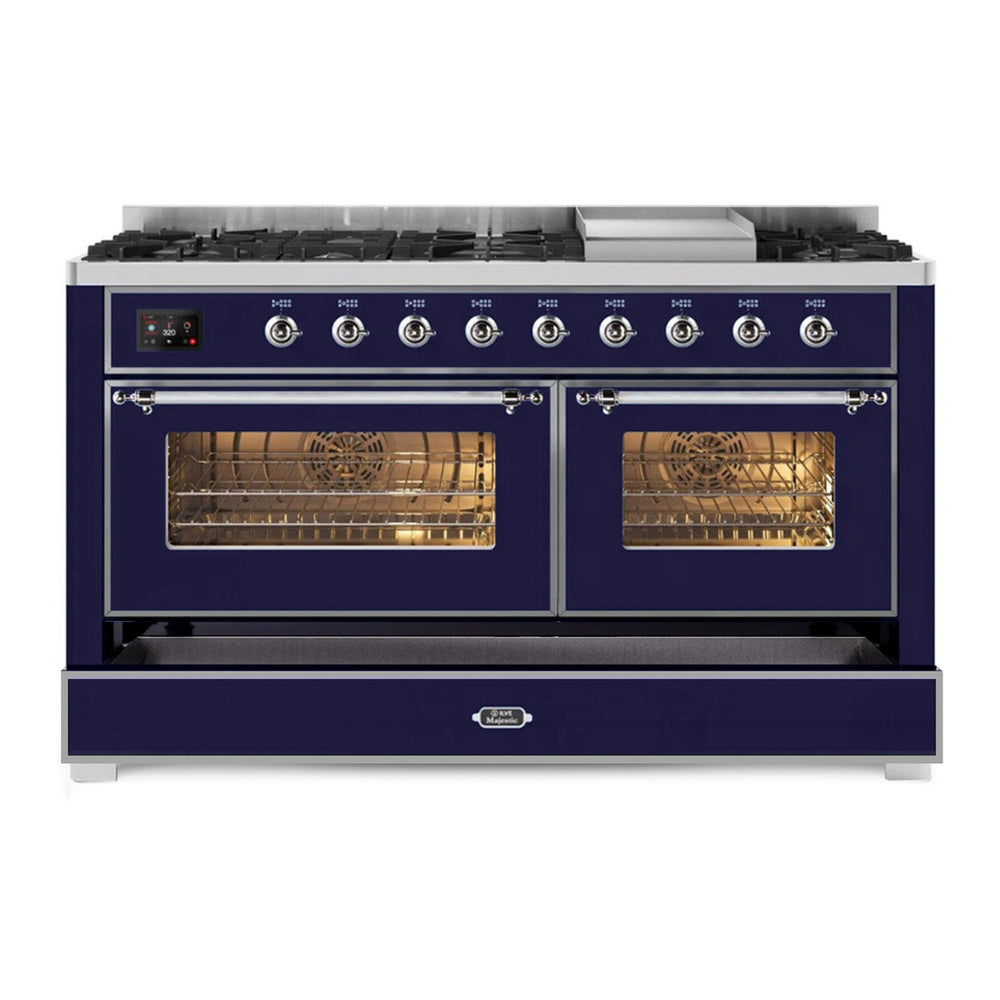 ILVE Majestic II 60 inch Triple Glass Door Natural Gas Dual Fuel Range Chrome Midnight Blue