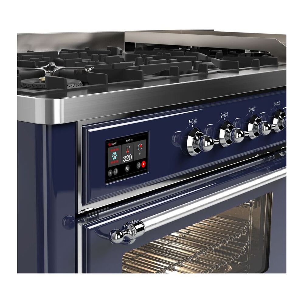 ILVE Majestic II 60 inch Triple Glass Door Natural Gas Dual Fuel Range Chrome Midnight Blue
