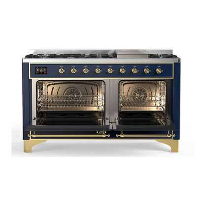 ILVE Majestic II 60 inch Triple Glass Door Natural Gas Dual Fuel Range Brass Midnight Blue