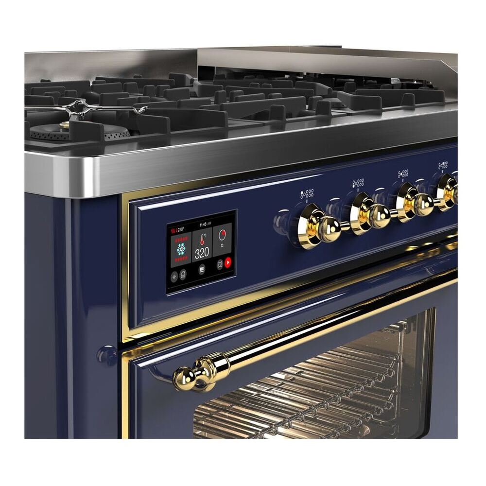ILVE Majestic II 60 inch Triple Glass Door Natural Gas Dual Fuel Range Brass Midnight Blue
