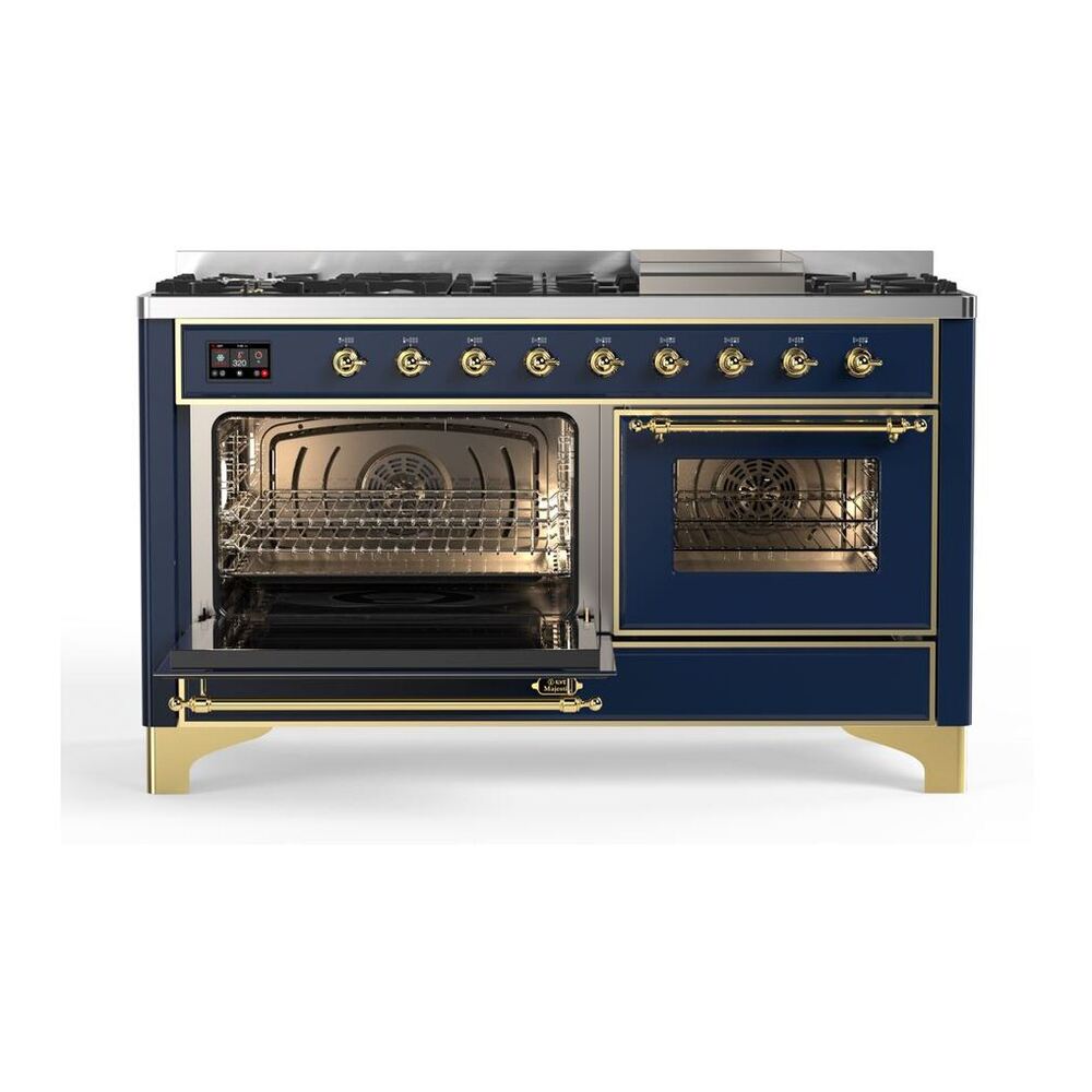 ILVE Majestic II 60 inch Triple Glass Door Natural Gas Dual Fuel Range Brass Midnight Blue