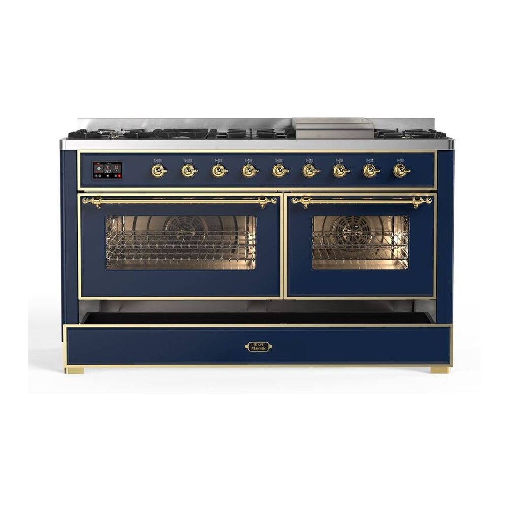 ILVE Majestic II 60 inch Triple Glass Door Natural Gas Dual Fuel Range Brass Midnight Blue