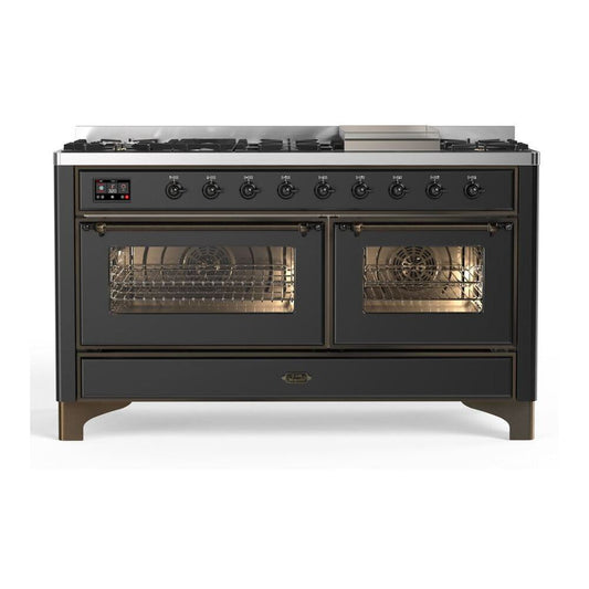 ILVE Majestic II 60" Graphite Matte Dual Fuel Range with 9 Burners and Griddle Triple Glass Door Natural Gas