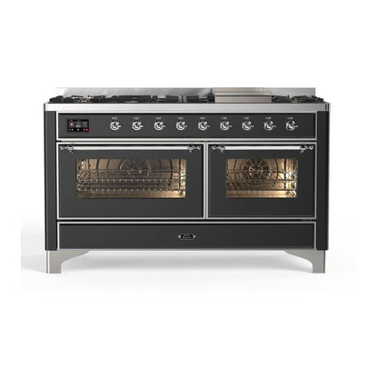 ILVE Majestic II 60 inch Triple Glass Door Natural Gas Dual Fuel Range Chrome Graphite Matte