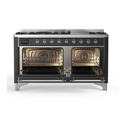 ILVE Majestic II 60 inch Triple Glass Door Natural Gas Dual Fuel Range Chrome Graphite Matte