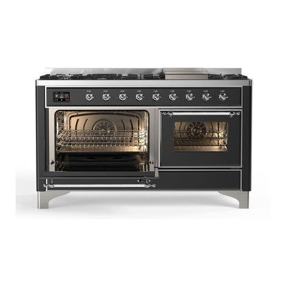 ILVE Majestic II 60 inch Triple Glass Door Natural Gas Dual Fuel Range Chrome Graphite Matte