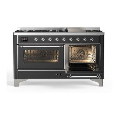 ILVE Majestic II 60 inch Triple Glass Door Natural Gas Dual Fuel Range Chrome Graphite Matte