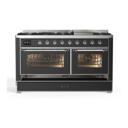 ILVE Majestic II 60 inch Triple Glass Door Natural Gas Dual Fuel Range Chrome Graphite Matte