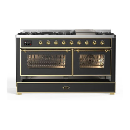 ILVE Majestic II 60 inch Triple Glass Door Natural Gas Dual Fuel Range Brass Graphite Matte