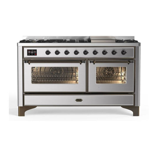 ILVE Majestic II 60" Stainless Steel Dual Fuel Range with 9 Burners and Griddle Triple Glass Door Liquid Propane