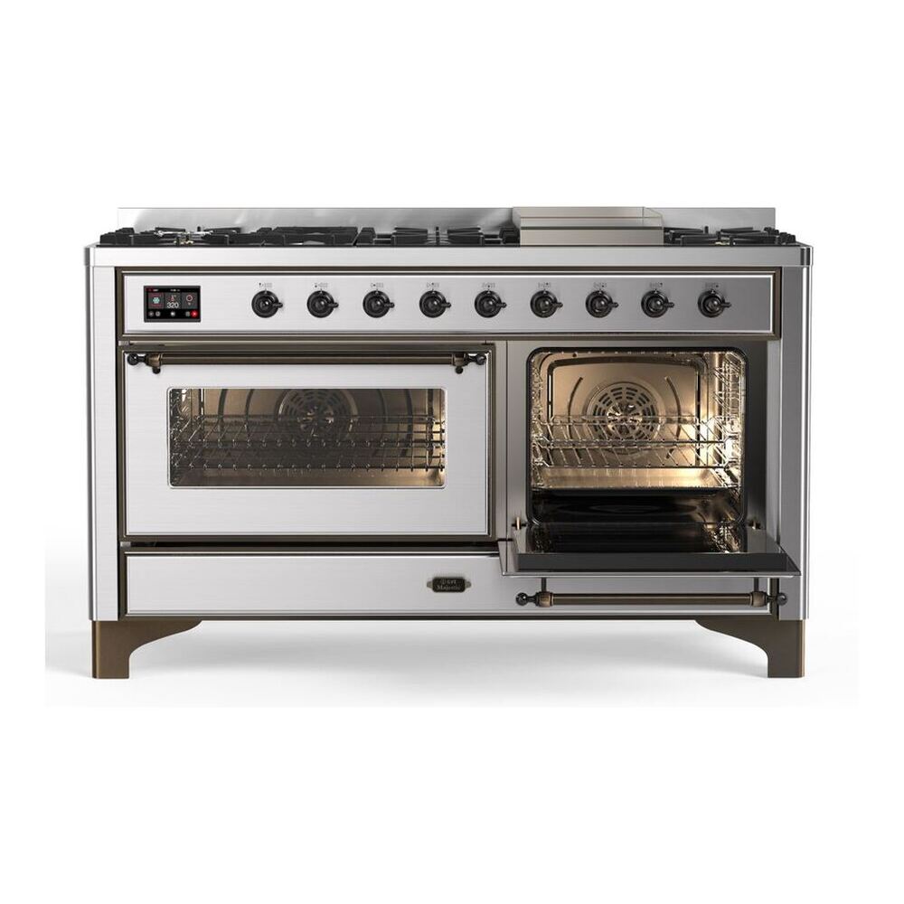 ILVE Majestic II 60 inch Triple Glass Door Natural Gas Dual Fuel Range Burnished Stainless Steel