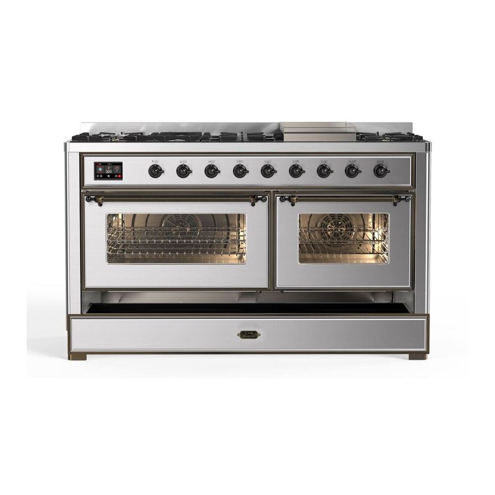 ILVE Majestic II 60 inch Triple Glass Door Natural Gas Dual Fuel Range Burnished Stainless Steel