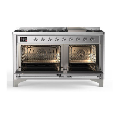 ILVE Majestic II 60 inch Triple Glass Door Natural Gas Dual Fuel Range Chrome Stainless Steel