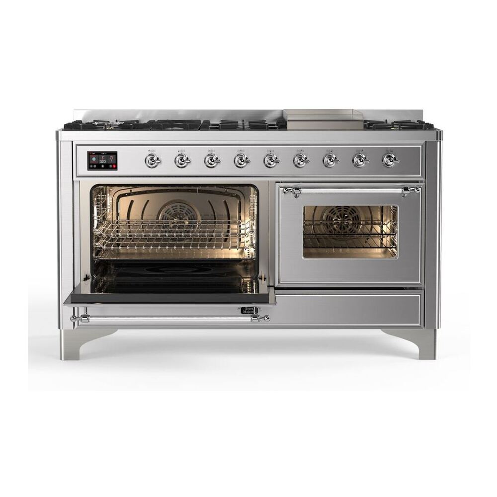 ILVE Majestic II 60 inch Triple Glass Door Natural Gas Dual Fuel Range Chrome Stainless Steel
