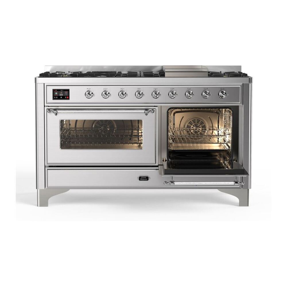ILVE Majestic II 60 inch Triple Glass Door Natural Gas Dual Fuel Range Chrome Stainless Steel