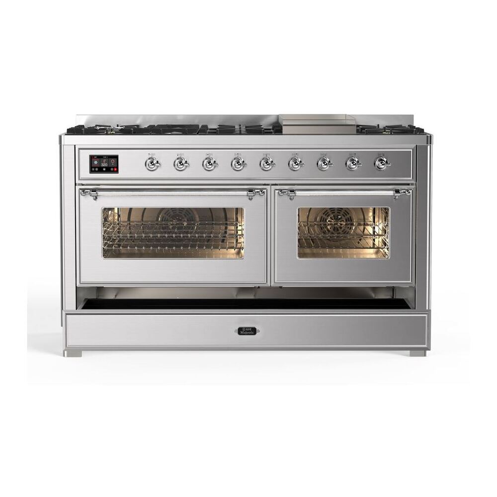 ILVE Majestic II 60 inch Triple Glass Door Natural Gas Dual Fuel Range Chrome Stainless Steel