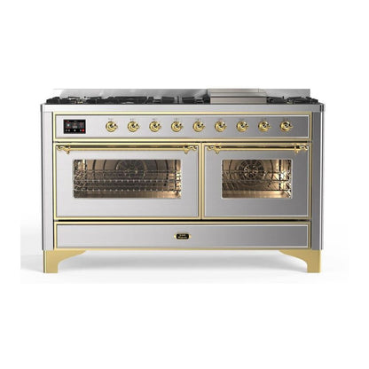ILVE Majestic II 60 inch Triple Glass Door Natural Gas Dual Fuel Range Brass Stainless Steel