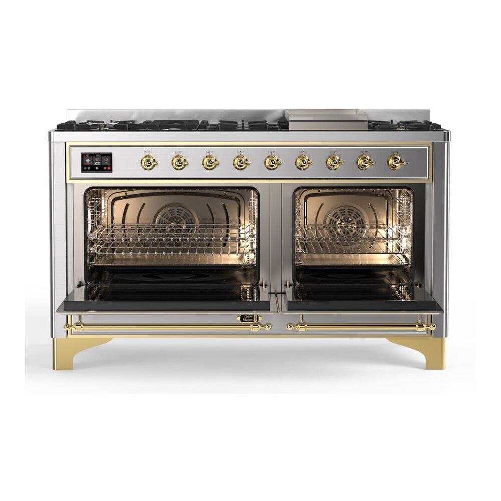 ILVE Majestic II 60 inch Triple Glass Door Natural Gas Dual Fuel Range Brass Stainless Steel