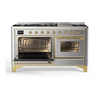 ILVE Majestic II 60 inch Triple Glass Door Natural Gas Dual Fuel Range Brass Stainless Steel