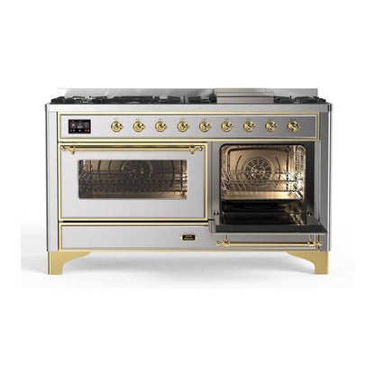 ILVE Majestic II 60 inch Triple Glass Door Natural Gas Dual Fuel Range Brass Stainless Steel