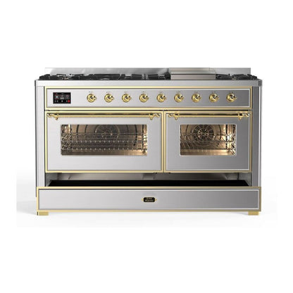 ILVE Majestic II 60 inch Triple Glass Door Natural Gas Dual Fuel Range Brass Stainless Steel