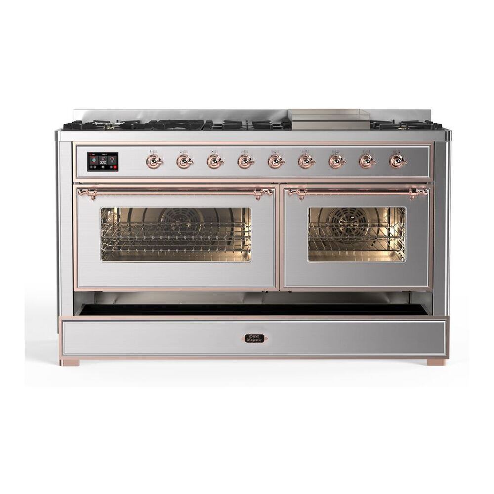 ILVE Majestic II 60 inch Triple Glass Door Natural Gas Dual Fuel Range Copper Stainless Steel