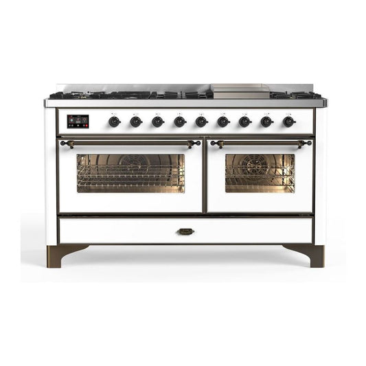 ILVE Majestic II 60" White Dual Fuel Range with 9 Burners and Griddle Triple Glass Door Natural Gas