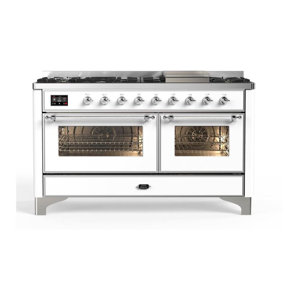 ILVE Majestic II 60 inch Triple Glass Door Natural Gas Dual Fuel Range Chrome White