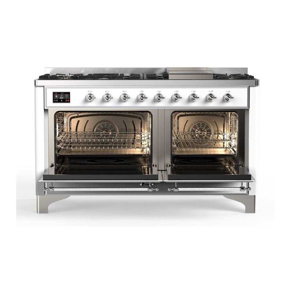 ILVE Majestic II 60 inch Triple Glass Door Natural Gas Dual Fuel Range Chrome White