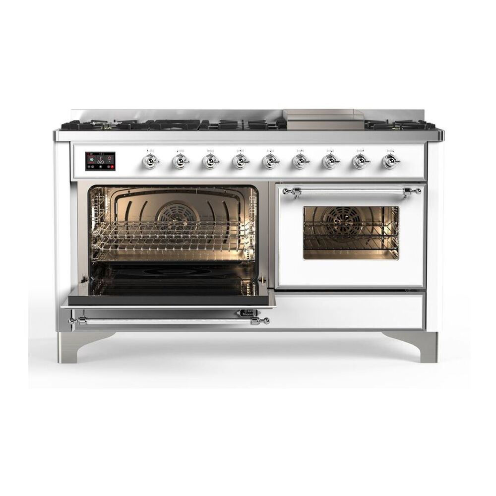 ILVE Majestic II 60 inch Triple Glass Door Natural Gas Dual Fuel Range Chrome White