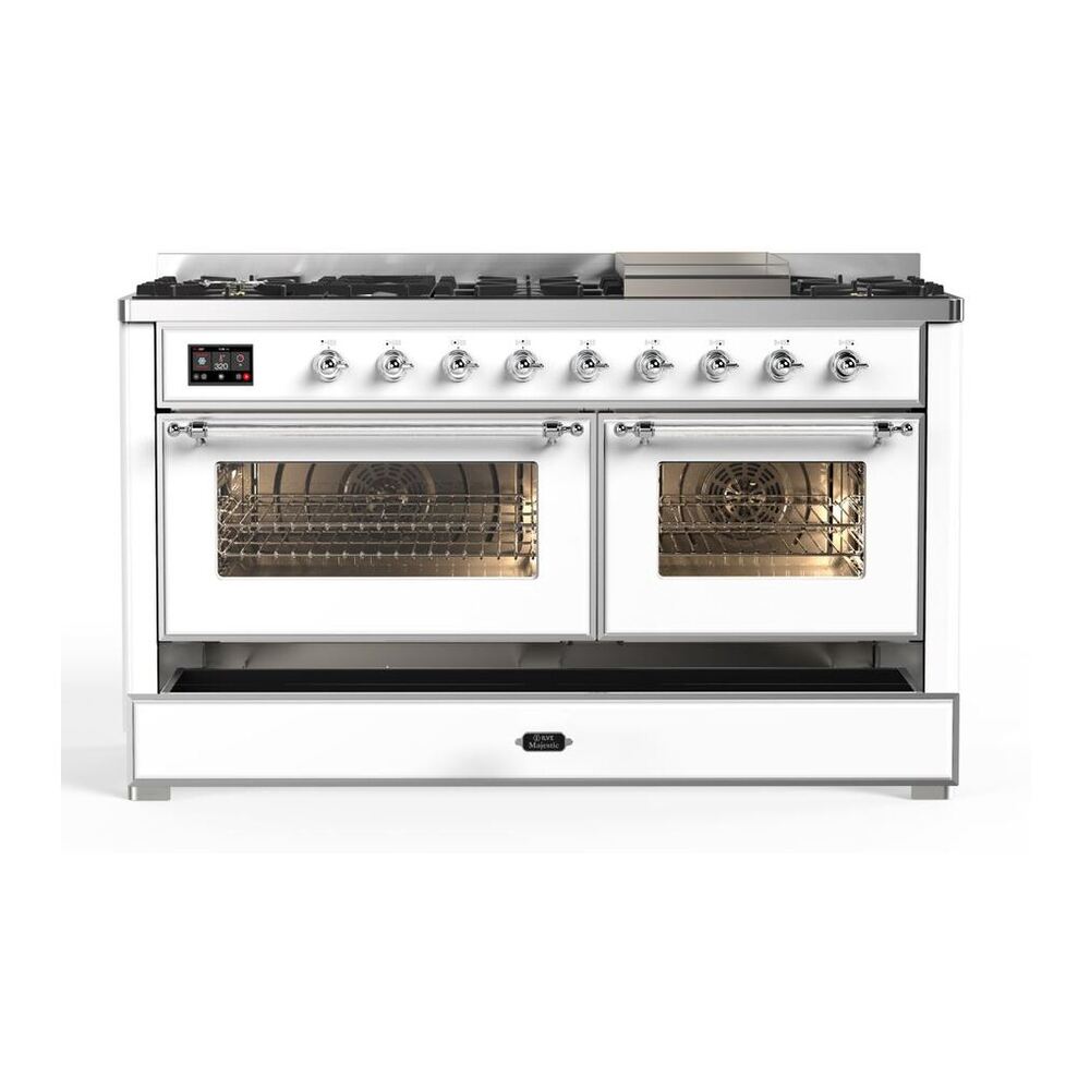 ILVE Majestic II 60 inch Triple Glass Door Natural Gas Dual Fuel Range Chrome White