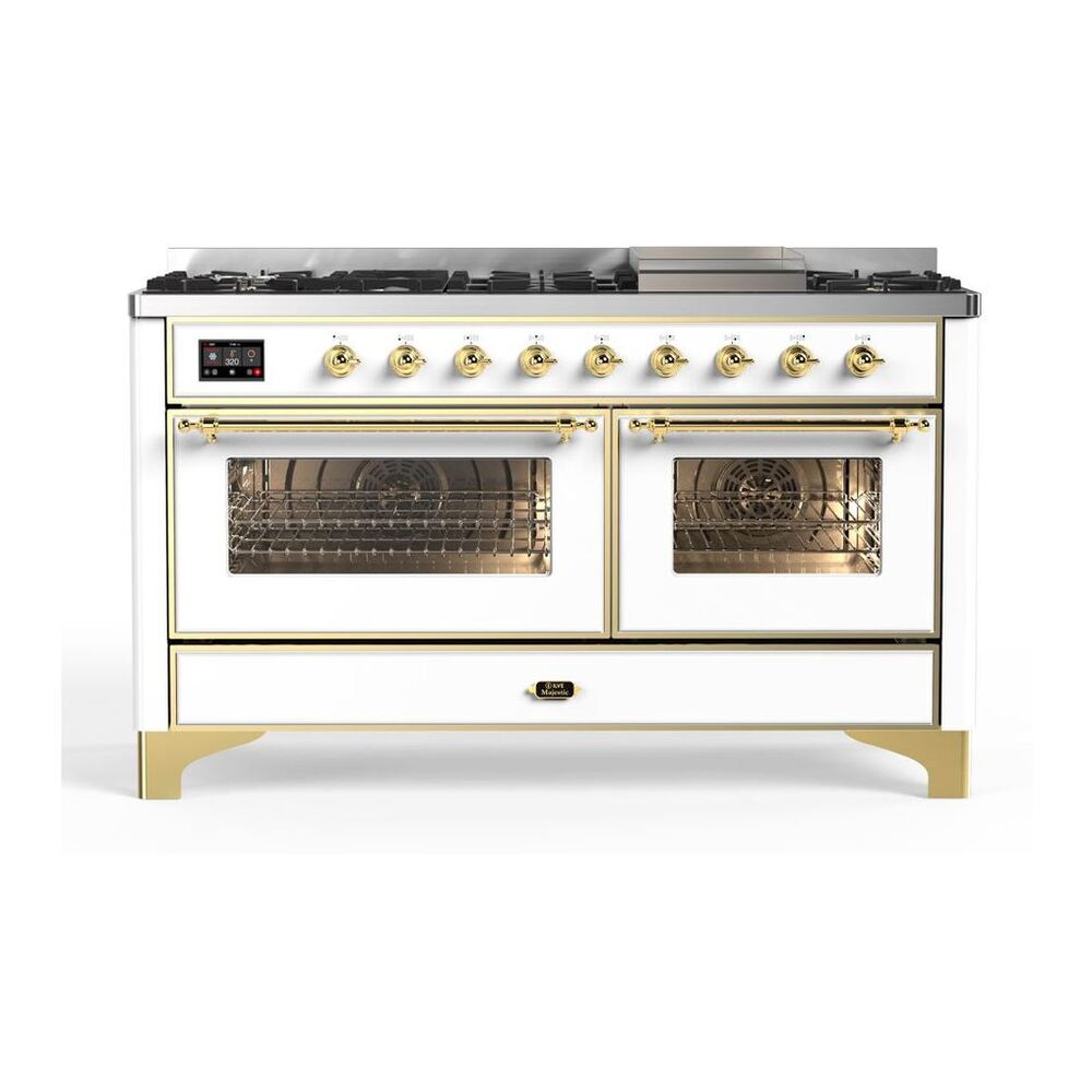 ILVE Majestic II 60" White Dual Fuel Range with 9 Burners and Griddle Triple Glass Door Natural Gas