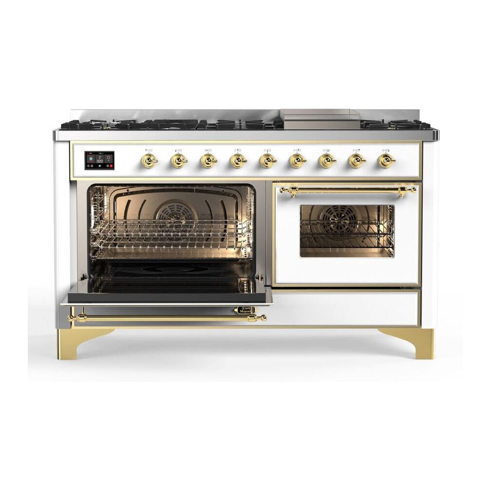 ILVE Majestic II 60 inch Triple Glass Door Natural Gas Dual Fuel Range Brass White