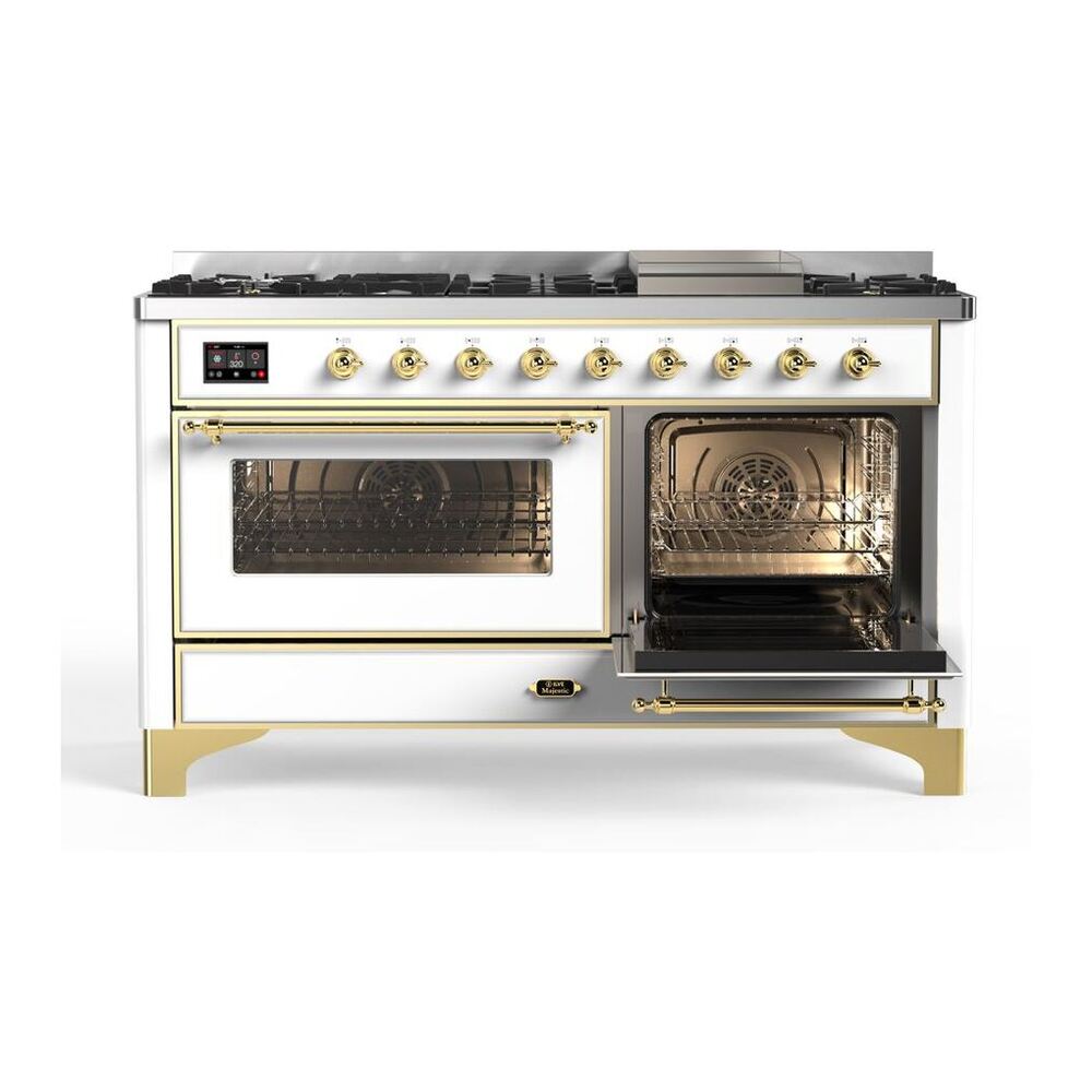ILVE Majestic II 60 inch Triple Glass Door Natural Gas Dual Fuel Range Brass White