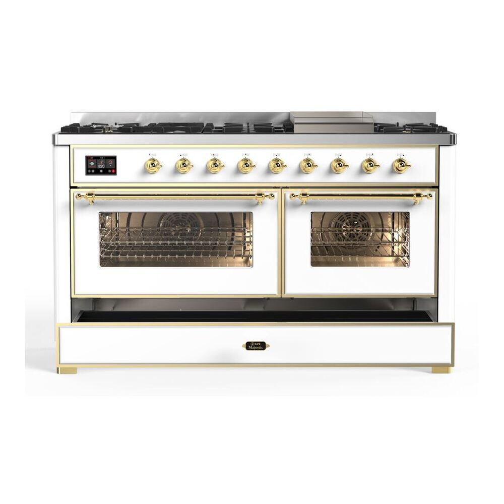 ILVE Majestic II 60 inch Triple Glass Door Natural Gas Dual Fuel Range Brass White