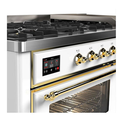 ILVE Majestic II 60 inch Triple Glass Door Natural Gas Dual Fuel Range Brass White