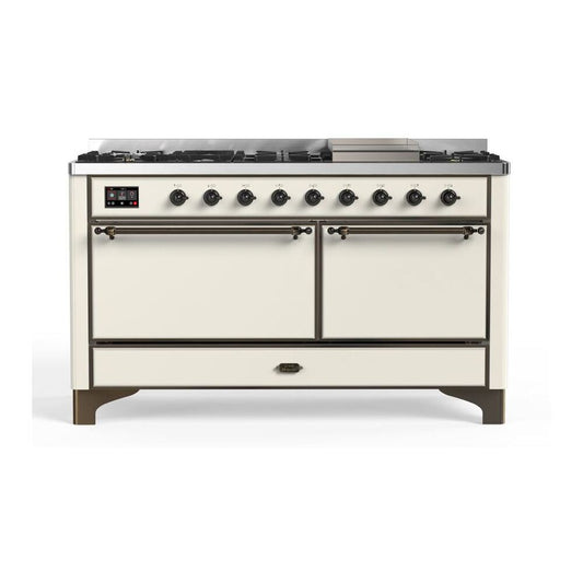 ILVE Majestic II 60" Antique White Dual Fuel Range with 9 Burners and Griddle Solid Door Liquid Propane
