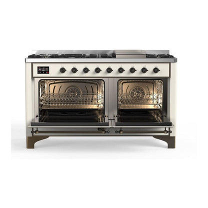 ILVE Majestic II 60 inch Solid Door Natural Gas Dual Fuel Range Burnished Antique White