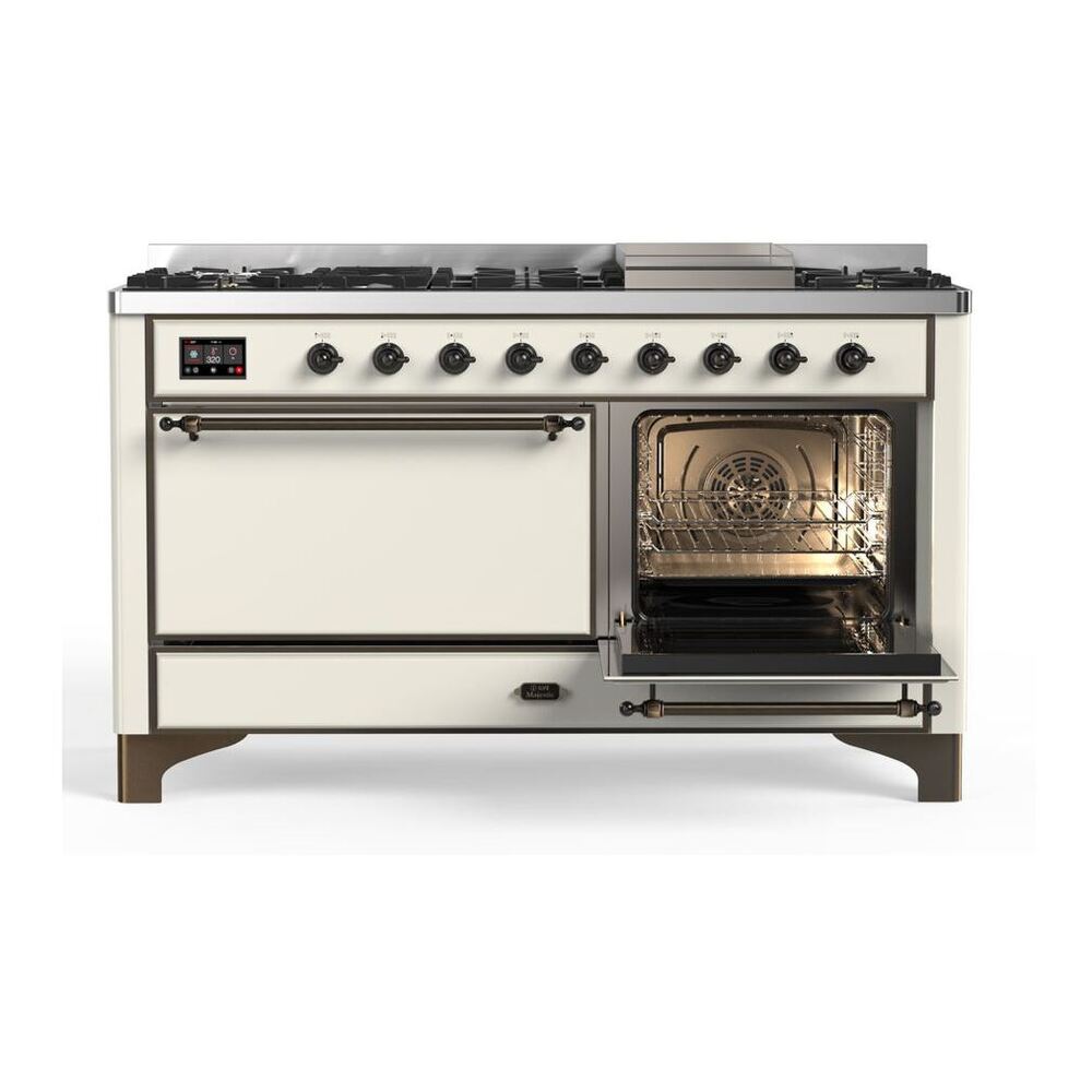ILVE Majestic II 60 inch Solid Door Natural Gas Dual Fuel Range Burnished Antique White